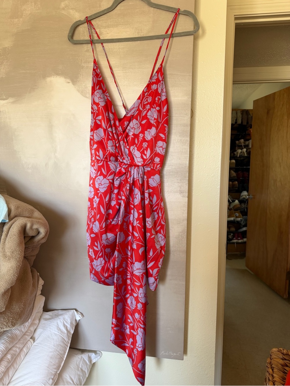 Red Floral Wrap Slip Dress with Tie Waist